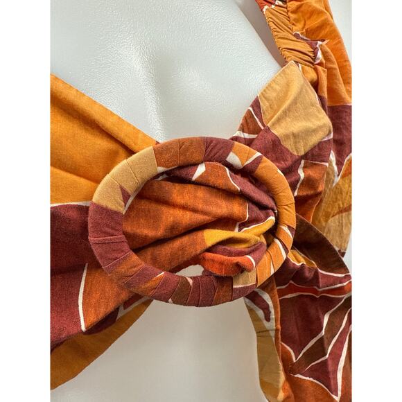 Zara Multicolor Floral Puff Short Sleeve Ring Knot Bandeau Crop Blouse Top Sz L - Picture 3 of 5